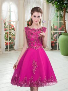 Sleeveless Tulle Knee Length Lace Up Homecoming Dress in Fuchsia with Beading and Appliques