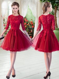 Great Knee Length Wine Red Prom Dress Tulle Half Sleeves Lace