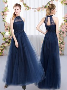 Tulle High-neck Sleeveless Lace Up Appliques Wedding Guest Dresses in Navy Blue