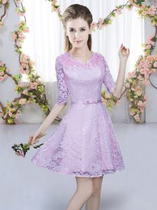 Edgy Lavender Lace Zipper Quinceanera Dama Dress Half Sleeves Mini Length Belt