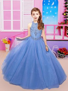 Blue Sleeveless Floor Length Beading Lace Up Child Pageant Dress