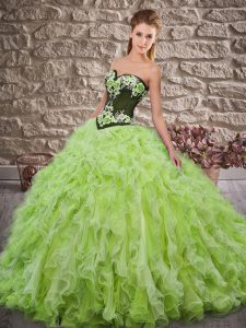 Hot Selling Yellow Green Sleeveless Organza Sweep Train Lace Up Quinceanera Gown for Military Ball and Sweet 16 and Quin