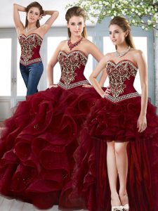 Top Selling Burgundy Three Pieces Beading and Embroidery and Ruffles Quince Ball Gowns Lace Up Organza Sleeveless Floor 