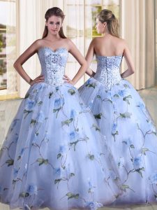Pretty Printed Sweetheart Sleeveless Lace Up Beading Vestidos de Quinceanera in Lavender