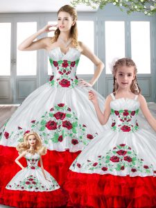 Attractive White And Red Ball Gown Prom Dress Military Ball and Sweet 16 and Quinceanera with Beading and Embroidery and