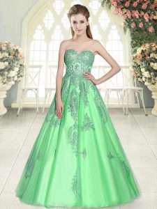 Delicate Green Tulle Lace Up Homecoming Dress Sleeveless Floor Length Appliques