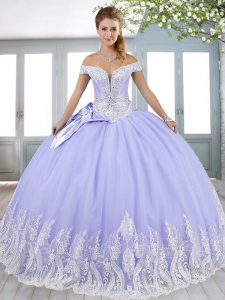Lavender Off The Shoulder Neckline Beading and Appliques and Bowknot Quinceanera Dress Sleeveless Lace Up