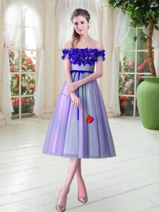 Sleeveless Tulle Tea Length Lace Up Evening Dress in Lavender with Appliques
