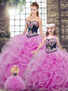 Luxurious Sweetheart Sleeveless Tulle Quinceanera Gowns Embroidery and Ruffles Sweep Train Lace Up