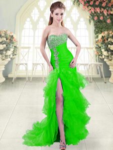 Excellent Green Sweetheart Lace Up Beading and Ruffled Layers Brush Train Sleeveless