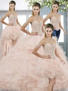 Baby Pink Organza Lace Up Quinceanera Dress Sleeveless Sweep Train Beading and Ruffles
