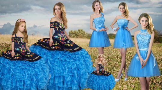 Blue Sweet 16 Dresses Military Ball and Sweet 16 and Quinceanera with Embroidery Sweetheart Cap Sleeves Sweep Train Lace