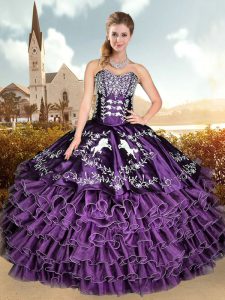 Colorful Sleeveless Floor Length Embroidery and Ruffled Layers Lace Up 15 Quinceanera Dress with Purple