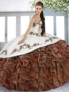 Brown Ball Gowns Organza Sweetheart Sleeveless Beading and Embroidery and Ruffles Floor Length Lace Up Quinceanera Dress