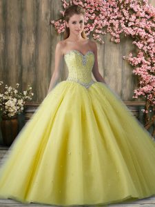 Yellow Ball Gowns Beading 15 Quinceanera Dress Lace Up Tulle Sleeveless Floor Length