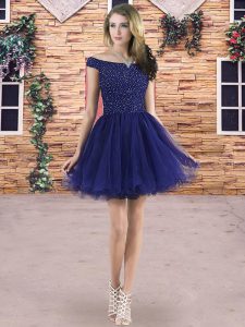 Navy Blue Lace Up Court Dresses for Sweet 16 Beading Sleeveless Mini Length