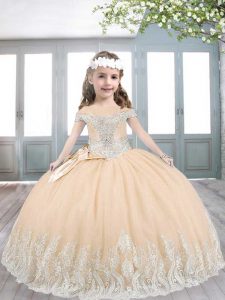 Peach Tulle Lace Up Girls Pageant Dresses Sleeveless Floor Length Appliques and Bowknot