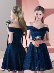 Navy Blue Lace Up Off The Shoulder Lace Prom Gown Sleeveless