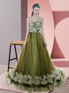 Unique Sweetheart Sleeveless Prom Party Dress Sweep Train Beading and Appliques Olive Green Tulle
