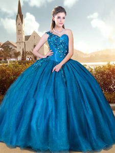 Designer Teal Lace Up One Shoulder Beading and Appliques Ball Gown Prom Dress Sleeveless