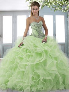 Yellow Green Sleeveless Beading and Ruffles Lace Up Ball Gown Prom Dress
