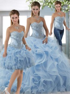 Sleeveless Beading and Ruffles Lace Up Quinceanera Dresses with Light Blue Sweep Train