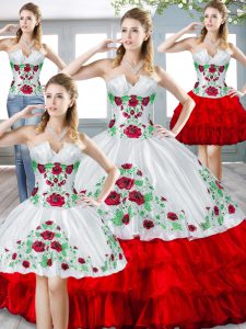 Luxury White And Red Ball Gowns Organza Sweetheart Sleeveless Beading and Embroidery and Ruffled Layers Floor Length Lac