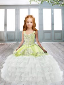Apple Green and Yellow Green Straps Lace Up Embroidery and Ruffled Layers Little Girls Pageant Gowns Sweep Train Sleevel