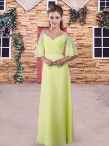 Yellow Green and Yellow Zipper Straps Lace Wedding Party Dress Chiffon Half Sleeves