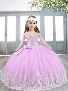 Floor Length Lace Up Little Girl Pageant Dress Pink for Party and Wedding Party with Appliques and Bowknot