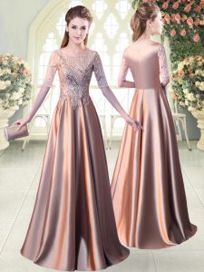 Beautiful Pink A-line Elastic Woven Satin Scoop Half Sleeves Sequins Floor Length Zipper Prom Dress