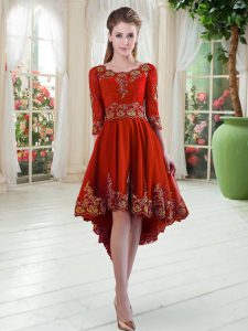 Deluxe High Low Red Prom Evening Gown Satin Long Sleeves Embroidery