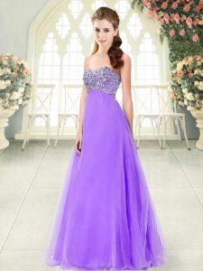 Designer Floor Length Lace Up Dress for Prom Lavender for Prom and Party with Beading