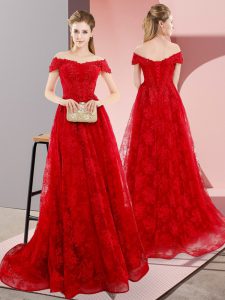 Beautiful Tulle Off The Shoulder Sleeveless Sweep Train Lace Up Beading and Lace Prom Evening Gown in Red