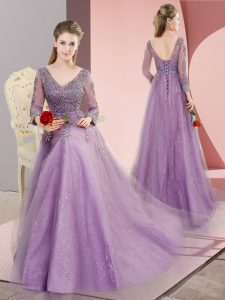 Hot Sale Long Sleeves Beading and Appliques Lace Up Prom Gown with Lavender Sweep Train