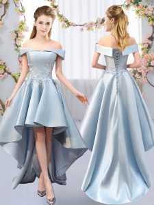 Light Blue Court Dresses for Sweet 16 Prom and Party and Wedding Party with Appliques Off The Shoulder Sleeveless Lace U