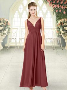Enchanting Wine Red Chiffon Backless V-neck Sleeveless Floor Length Prom Dress Ruching