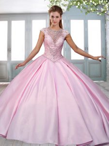 Perfect Rose Pink Lace Up Sweet 16 Dresses Beading and Appliques Cap Sleeves Sweep Train