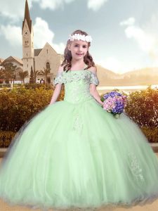 Hot Sale Short Sleeves Lace Up Floor Length Beading and Appliques Kids Formal Wear