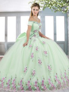 Sumptuous Off The Shoulder Short Sleeves Quinceanera Gown Floor Length Beading and Appliques and Bowknot Yellow Green an