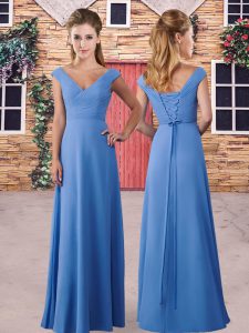 Blue Column/Sheath Ruching Wedding Party Dress Lace Up Chiffon Sleeveless Floor Length