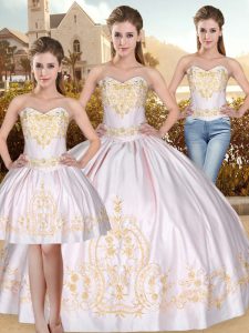 Pink Satin Lace Up Sweetheart Sleeveless Floor Length Quince Ball Gowns Embroidery
