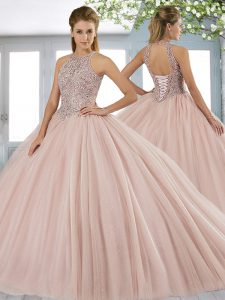 Gorgeous Tulle Sleeveless Quince Ball Gowns Sweep Train and Beading