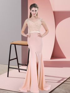 Attractive Peach Mermaid V-neck Sleeveless Chiffon Sweep Train Zipper Beading and Lace Prom Dress