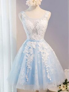 Baby Blue Sleeveless Appliques and Belt Knee Length Prom Evening Gown
