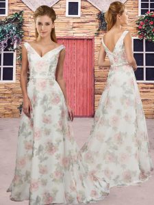 Designer Multi-color Vestidos de Damas Printed Sweep Train Sleeveless Ruching