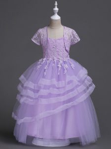 Edgy Lavender Zipper Flower Girl Dresses Appliques and Ruffled Layers Sleeveless Floor Length
