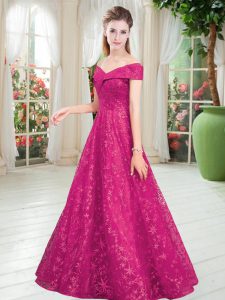 On Sale Floor Length Fuchsia Prom Gown Off The Shoulder Sleeveless Lace Up