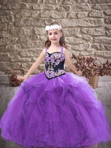 Purple Ball Gowns Straps Sleeveless Tulle Floor Length Lace Up Embroidery and Ruffles Child Pageant Dress
