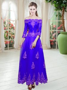Purple Lace Up Dress for Prom Lace 3 4 Length Sleeve Floor Length